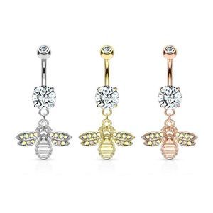 Bee with AB Crystal Paved Wings Dangle Double Jeweled 316L Surgical Steel Belly